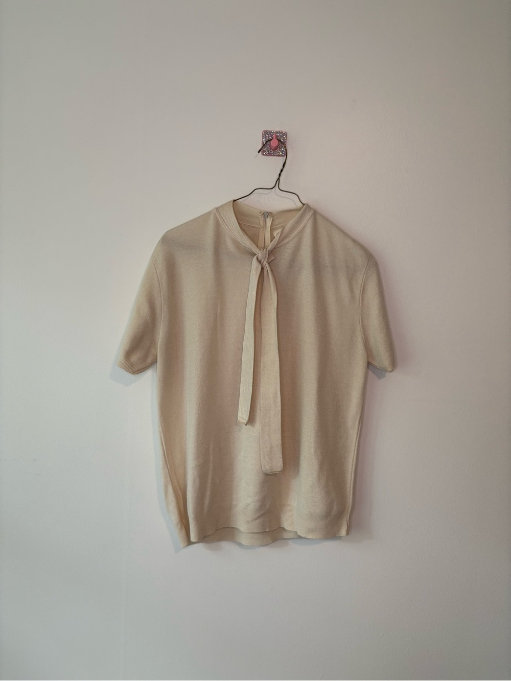 Vintage Exmoor Preppy Cream Tie-Neck Short Sleeve Top
